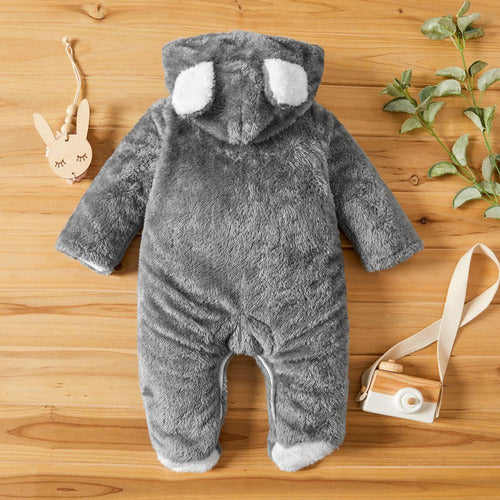 Pijama Polar Bebe Termico Norplat Enterito Orejitas Osito Gris Oscuro Liso 3 A 6 Meses