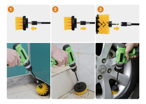 Set 4 Cepillos Limpieza Con Taladro Auto Hogar Tapiz Norplat Amarillo