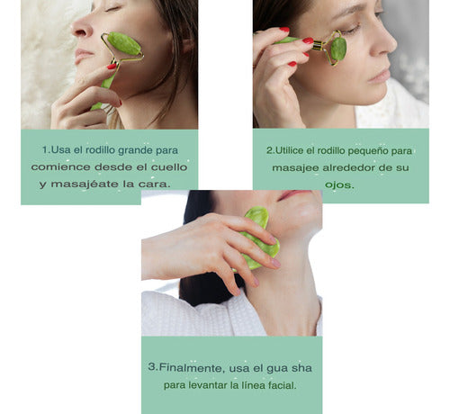 Set Rodillo Gua Sha Piedra Jade Masajeador Facial Linfático Jade