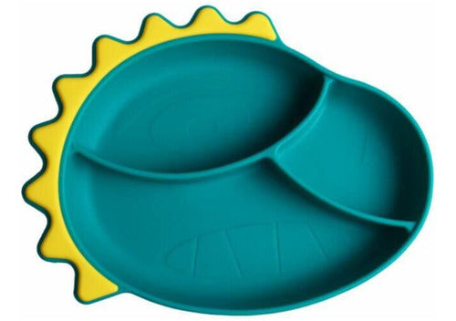 Set Plato De Silicona Dinosaurio Para Bebé Niños + Cubierto Verde Agua / Celeste