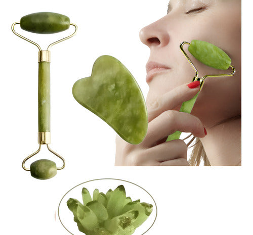 Set Rodillo Gua Sha Piedra Jade Masajeador Facial Linfático Jade