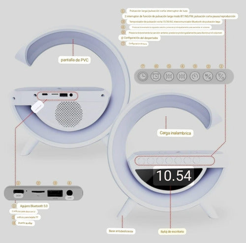 Parlante Bt Fm + Cargador Inalámbrico Reloj Lampara Norplat Blanco