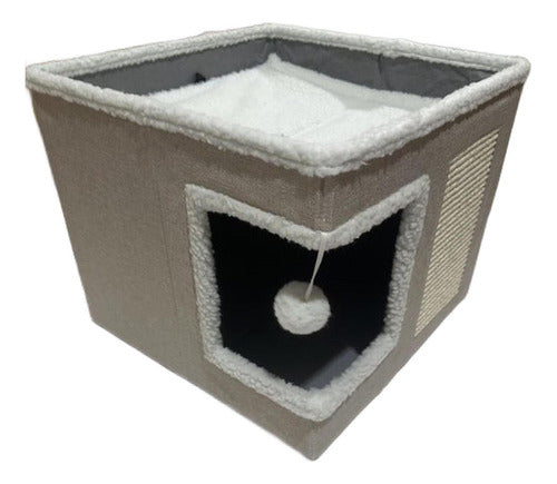 Casa Cama Iglu Gato Plegable + 2 Cojines Y Pompon - Norplat Gris Claro / Crema Iglú