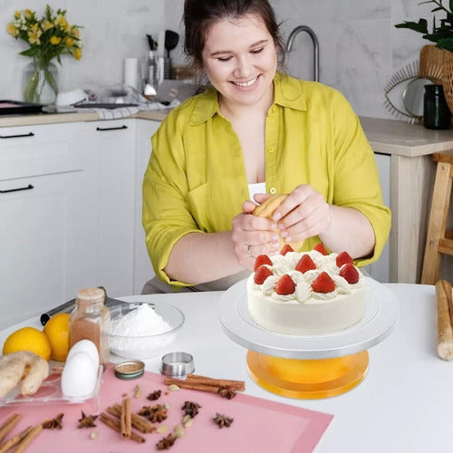 Base Giratoria Tortas Plato Repostería Decoración - Cukin Gris Con Dorado