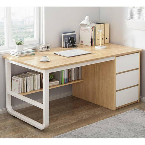Escritorio Oficina Melamina Metal 3 Cajones 100x50cm Norplat Madera Y Blanco