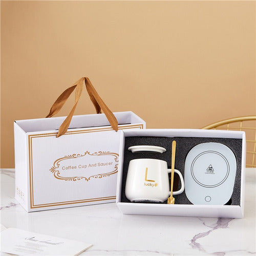 Taza Con Calentador Eléctrico Cuchara Caja De Regalo Cafe Te Blanco Lucky