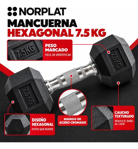 Mancuerna Hexagonal 7.5kg Norplat Acero Y Caucho Color Negro Negro