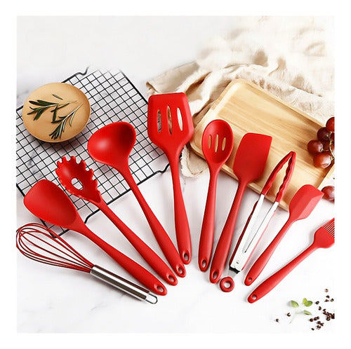 Set De 10 Utensilios Antiadherentes De Cocina Silicona Cukin Rojo
