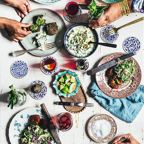 6 Posavasos Cerámica Corcho Con Soporte Para Mesa - Norplat Azul Hojas