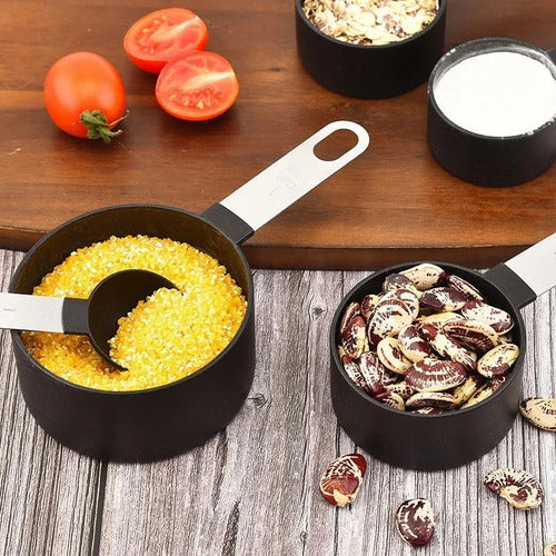 4 Cucharas + 4 Tazas Medidora Mango Acero Inoxidable Norplat Negro