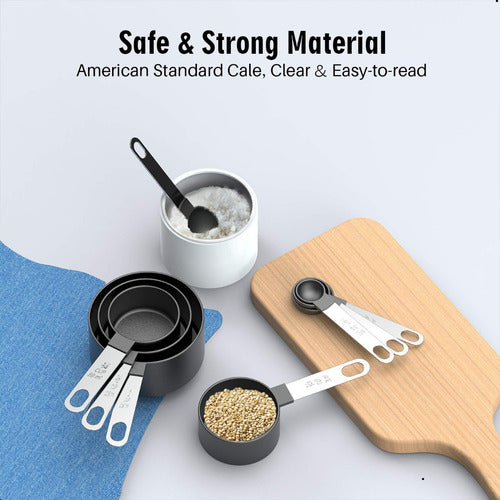 4 Cucharas + 4 Tazas Medidora Mango Acero Inoxidable Norplat Negro