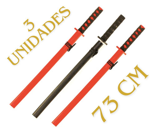 Pack 3 Katana Japonesa Madera Entrenamiento 73cm - Norplat Rojo Y Negro