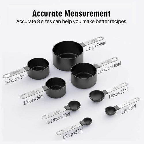 4 Cucharas + 4 Tazas Medidora Mango Acero Inoxidable Norplat Negro