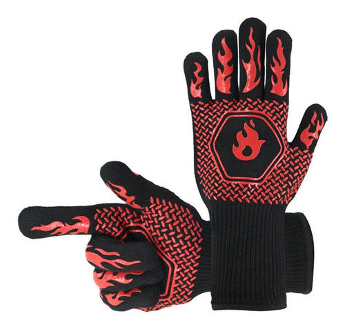 Set 2 Guantes Asado Alta Temperatura Parrillero Cocina Cukin Rojo Rayas